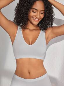 Ocili Leisure Extremely Stretchy Seamless & Skin-Friendly Removable Padding Comfortable Solid Rib Bra Gray - Grey - View 7
