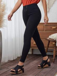 SHEIN LUNE 女士休閒純色十字交叉綁帶修身長褲 - 黑色 - 查看 5