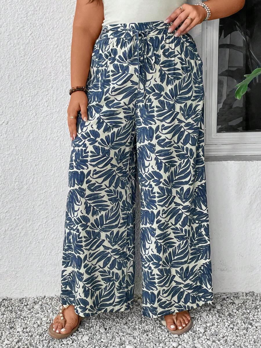 SHEIN Frenchy Kích thước lớn Quần ống rộng In Giường đôi Hoa Và Thực vật Mùa hè In - Nhiều màu - Xem 1