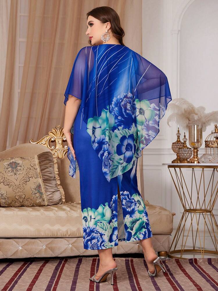 Plus Size Women's Floral Printed High-Low Hem Dress With Back Slit Long Evening Dresses