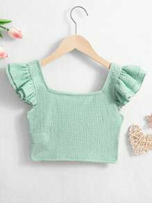 SHEIN Camiseta Feminina Tween De Cor Sólida Com Gola Quadrada E Manga Curta Com Babados Nas Férias - Menta verde - Ver 2