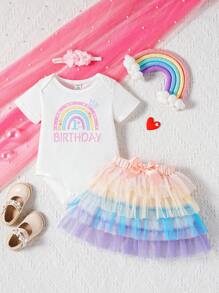 SHEIN Bộ 3 món đồ liền thân in họa tiết chữ cái và cầu vồng đáng yêu kèm váy voan nhiều lớp trang trí nơ cho bé gái, lý tưởng cho tiệc sinh nhật vào mùa xuân và mùa hè - Nhiều màu - Xem 1