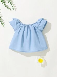 SHEIN Newborn Baby Girl Summer Casual Round Neck Blouse With Fish Pattern And Ruffle Trim - Blue - View 2