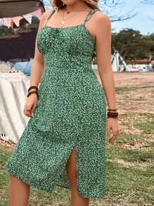 Breezaya Plus Size Women's Floral Print Spaghetti Strap Dress - Green - View 5