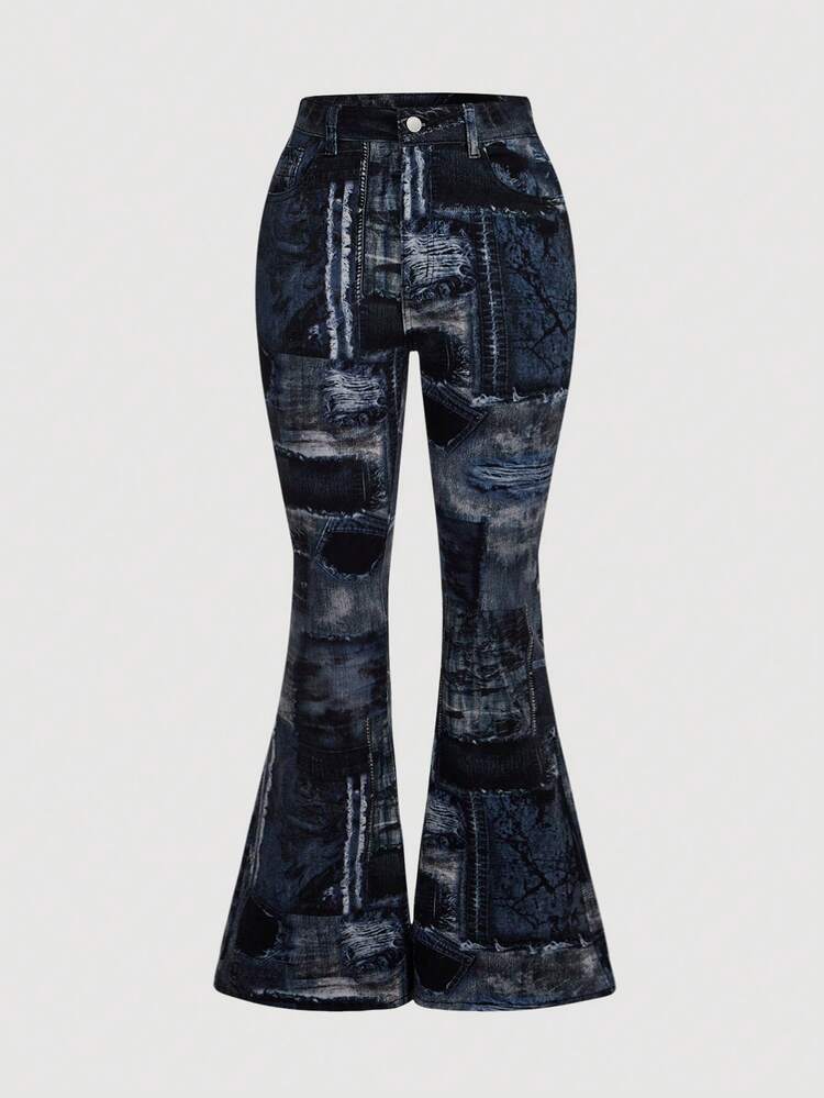 Women's Flared Jeans With Printed Design