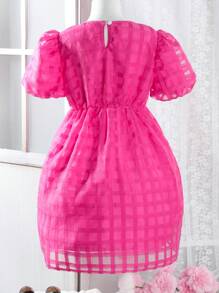 SHEIN Tween Girl's Plaid Short Bubble Sleeve Dress - Hot Pink - View 2