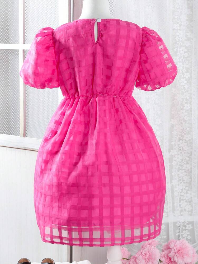 Tween Girl's Plaid Short Bubble Sleeve Dress