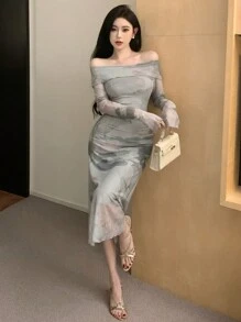 DAZY Ink Painting Print Off Shoulder Dress, Birthday ,New Year Eve Prom Dress Elegant,Fall Clothes