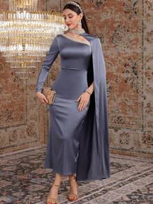 Modelyn 女士镂空立领编织饰边拼布连衣裙，优雅晚会礼服长款晚礼服 - 灰色 - 查看 9