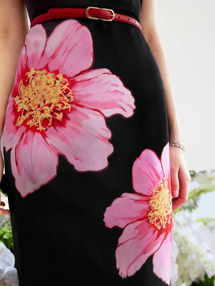 WOVEN WOMEN'S FLORAL PRINT MERMAID HEM DRESS