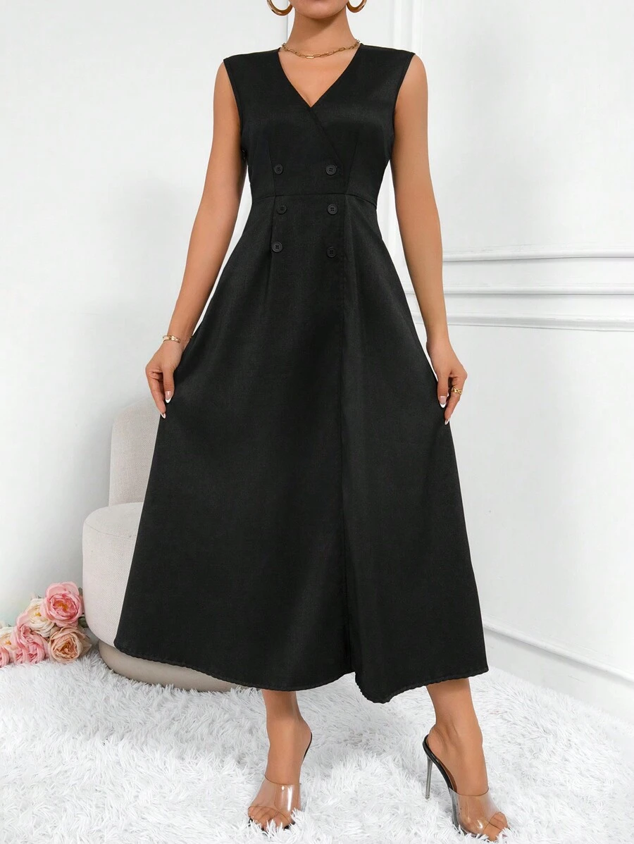 SHEIN Frenchy Solid Color V-Neck Double Breasted Sleeveless Dress - Black - View 1