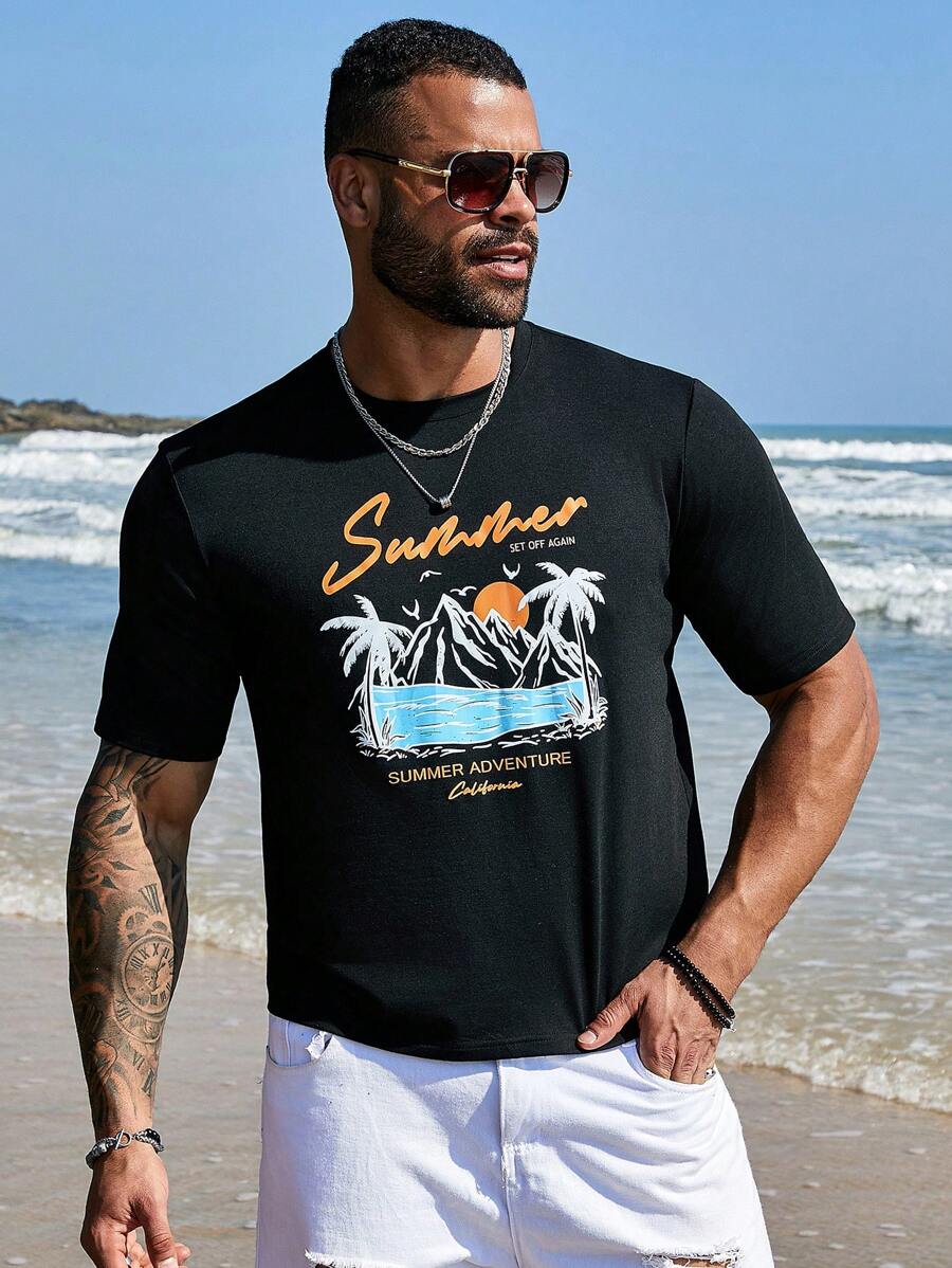 Manfinity RSRT Nam Kích thước lớn Nhiệt đới & Lá thư In Áo thun - màu đen - Xem 1