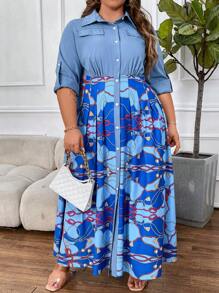 SHEIN CURVE+ 大码女式卷袖绳纹印花衬衫裙超长女装 - 彩色 - 查看 4