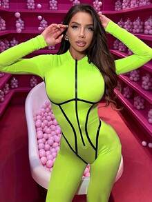 Long Sleeve Zipper Up Sexy Contrast Trim Bodycon Tight Unitard Jumpsuit - Green - View 4