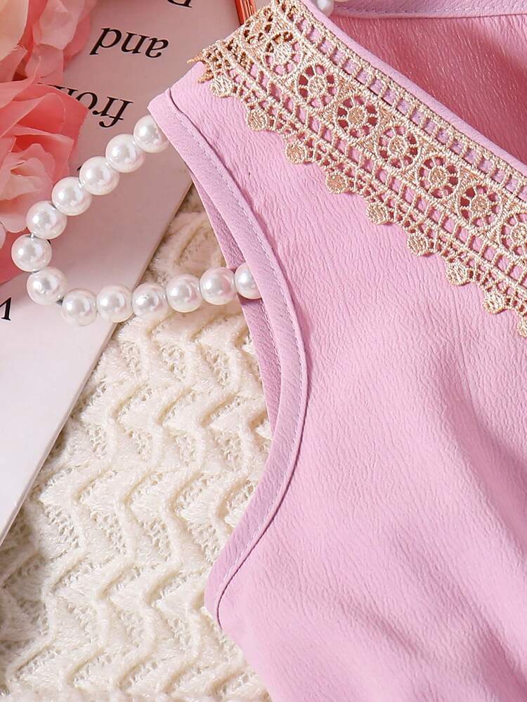 Tween Girl Summer New Arrival Elegant V-Neck Flower Lace Jumpsuit Pants