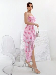 SHEIN Privé Vestido de tubo con estampado floral y ribete de volantes - Rosa - Ver 3