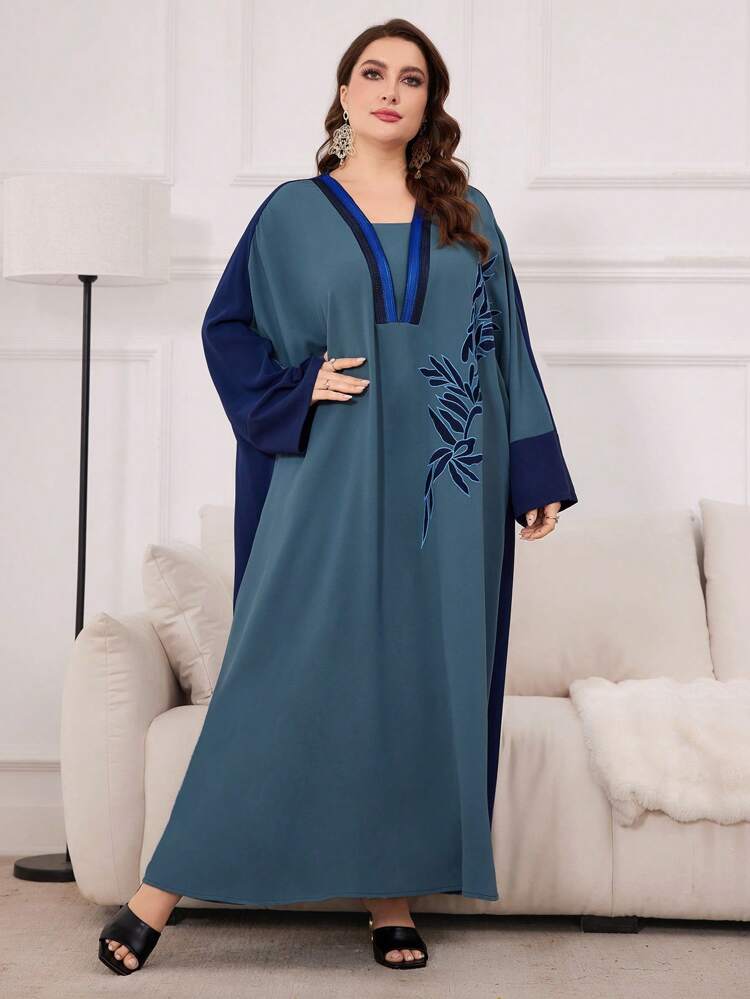 Plus Size Modest Patchwork Jalabiya Dress With Color-Blocking And Positioning Embroidery