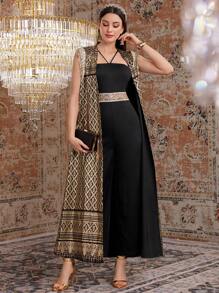 Modelyn Women's Bandage Halter Neck Jumpsuit With Vintage Printed Sequin Fringe Jacket, 2pcs/Set 2 Piece Set - Black - View 3