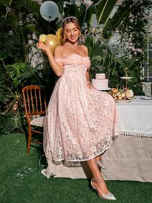 Glamaker Women's Off Shoulder Lace Cocktail Party Formal Dress - Pink - View 6