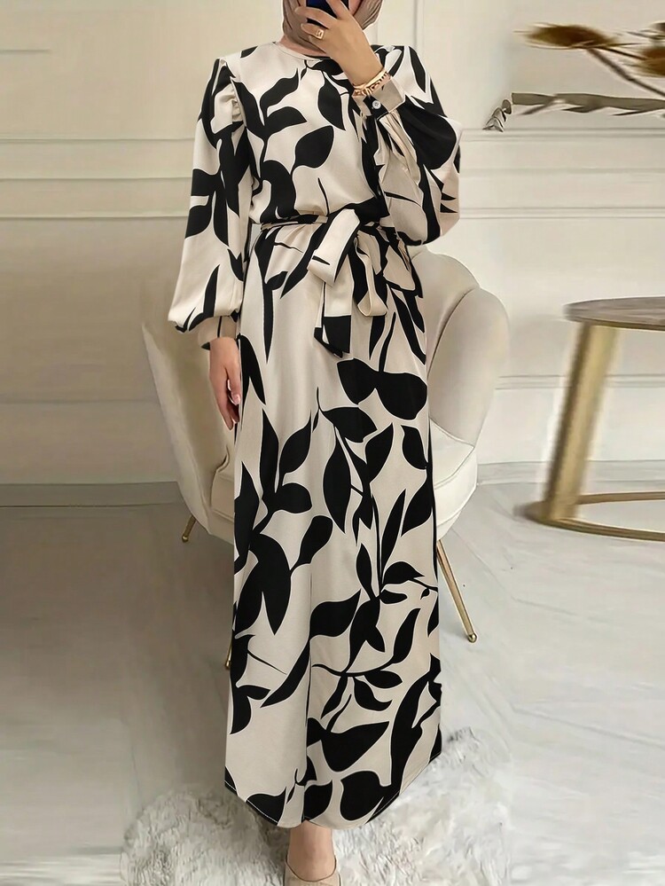 Women's Plant Print Lantern Sleeve Maxi Elegant Arabian Dress, Modest - Multicolor - View 1