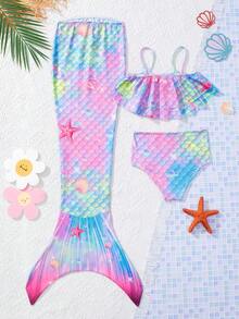 SHEIN 3 Cái/bộ Cô Gái Trẻ Dệt Kim Ren Dây Bể Dệt Kim Tam Giác Bikini Và Nàng Tiên Cá Bikini Bộ Đi Biển Mùa Hè - Màu Hồng baby - Xem 2