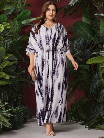 Al Najma Robe Longue De Style Arabe Avec Cordon De Serrage À La Taille Et Col En V Pour Les Grandes Tailles