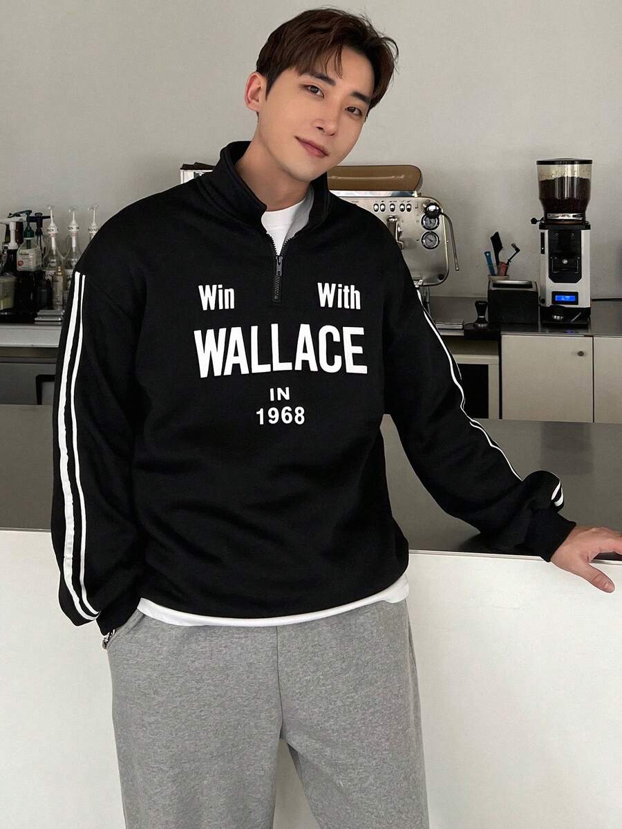 DAZY Áo nỉ nam cổ kéo khóa nửa thân in chữ, trang phục mùa thu. - màu đen - Xem 1