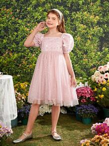 Tween Girl's Elegant Gorgeous Square Neckline Bubble Sleeve Net Yarn Sequin Decor Dress - Pink - View 6