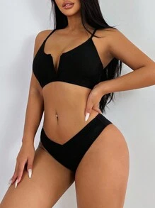 SHEIN Swim 女士纯色 V 领镂空比基尼套装 夏季 - 黑色 - 查看 6