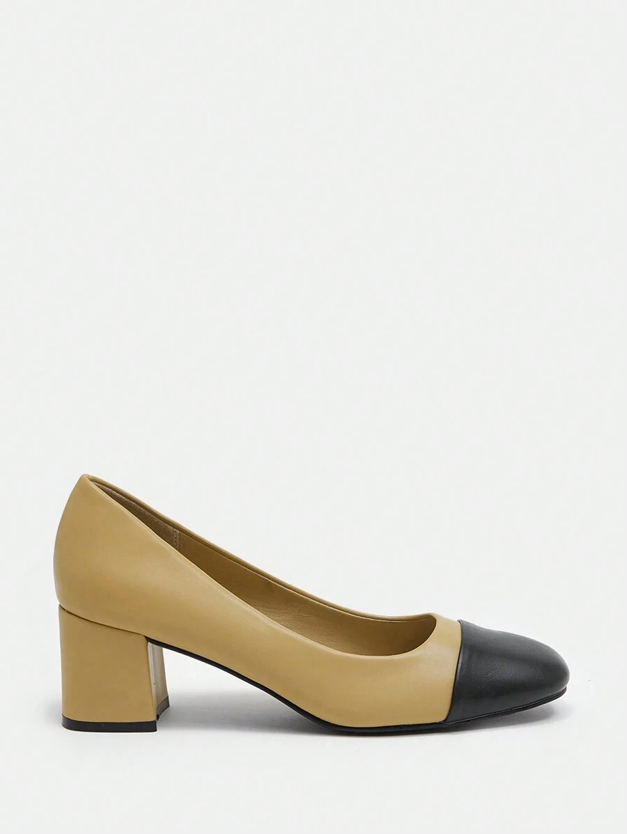 SheIn BIZ Scarpe Singole Colorblock Bicolore Con Tacco Basso Da Donna - Albicocca - Visualizzare 1