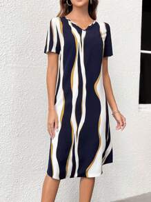 EMERY ROSE 女性夏季對比條紋凹口v領短袖連衣裙 - 彩色 - 查看 4