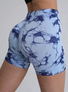 SHEIN Sports 无缝扎染运动短裤蓝色短裤女士运动短裤、健身短裤、骑行短裤 - 藍色 - 查看 3