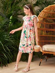 SHEIN Cô gái Tween Giải trí Ngày lễ In Thoải mái Đầm - Nhiều màu - Xem 5