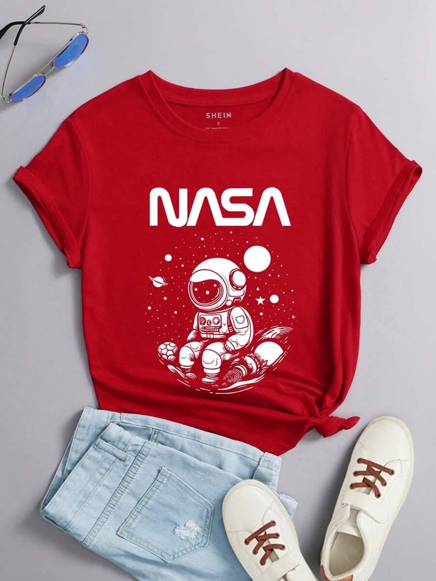 SHEIN EZwear Women's Astronaut Pattern Short Sleeve T-Shirt - Red - View 1