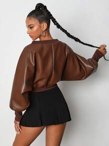 TRANG DUONG 设计师纯色落肩短款 PU 夹克，秋季，适合秋冬季、假日、度假、节日 - 棕色 - 查看 2