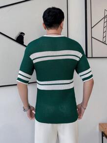 Claim Dot Men's Color Block Striped Short Sleeve Knitted Top - Green - View 2