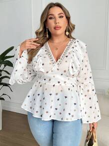 SHEIN Clasi 加大碼女士花朵印花荷葉邊鈴襪衫 - 白色 - 查看 4