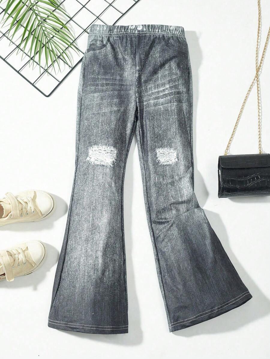 SHEIN Tween Girl Denim Effect Flare Leg Pants - Black - View 1