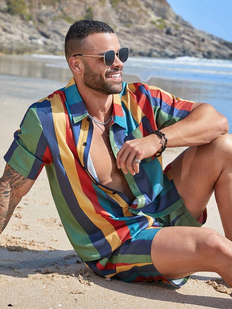 Men's Plus Size Striped Short Sleeve Shirt And Shorts Set With Front Pocket