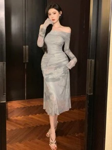 DAZY Ink Painting Print Off Shoulder Dress, Birthday ,New Year Eve Prom Dress Elegant,Fall Clothes