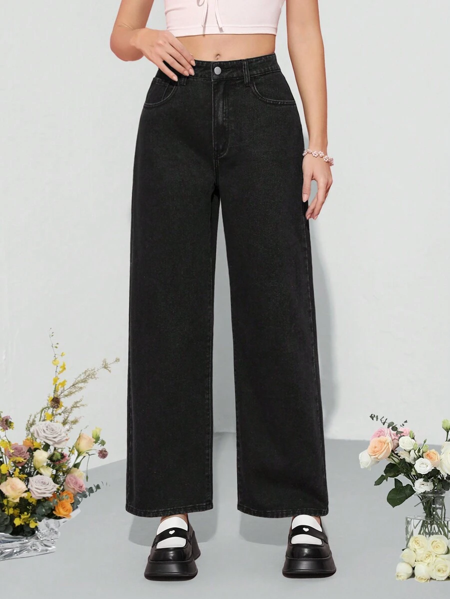 SHEIN MOD 女士純色直筒牛仔褲 - 黑色 - 查看 1