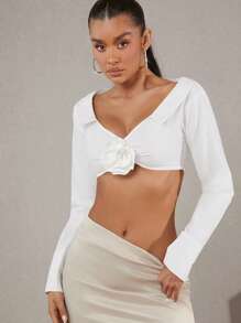Hauture Women's Long Sleeve Super Cropped Blouse With 3d Flower Decor - White - View 1
