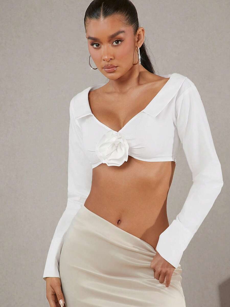 Hauture Women's Long Sleeve Super Cropped Blouse With 3d Flower Decor - White - View 1