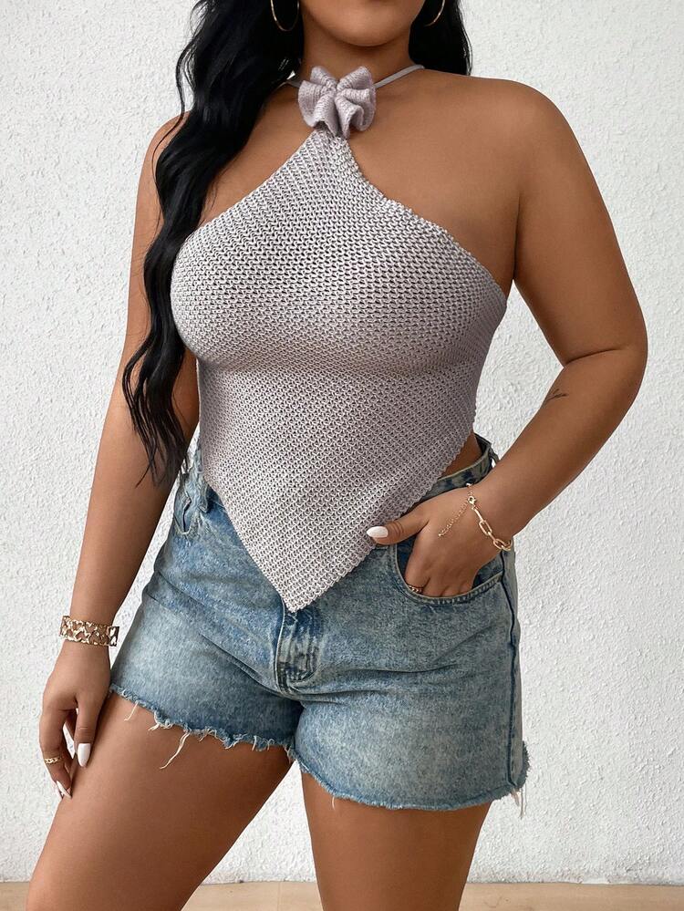 Plus Size Solid Color Backless Sleeveless Top With Asymmetrical Hem