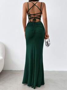 EURMUSE Solid Color Pleated Dress With Criss-cross Back Straps, Slit Hem Design - Dark Green - View 2