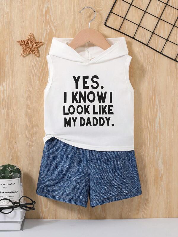 SHEIN Baby Boys' Casual Sleeveless Hoodie With Slogan Print And Denim Shorts Set