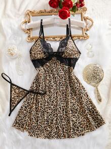 Lace Splicing Leopard Print Sexy Babydoll Lingerie Dress For Going Out - Multicolor - View 1