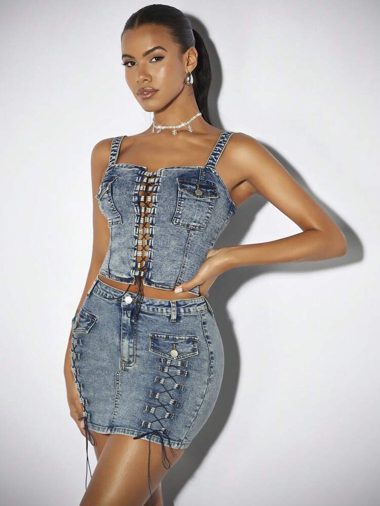 High Waist Denim Mini Skirt With Belt And Washed Effect In Blue