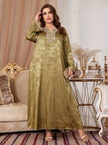 Al Najma Plus Size Arab Clothing V-Neck Long Dress - Mustard Yellow - View 4