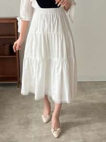 FRIFUL White Lace Splice Elastic Waist A-Line Skirt,Ruffle - White - View 4